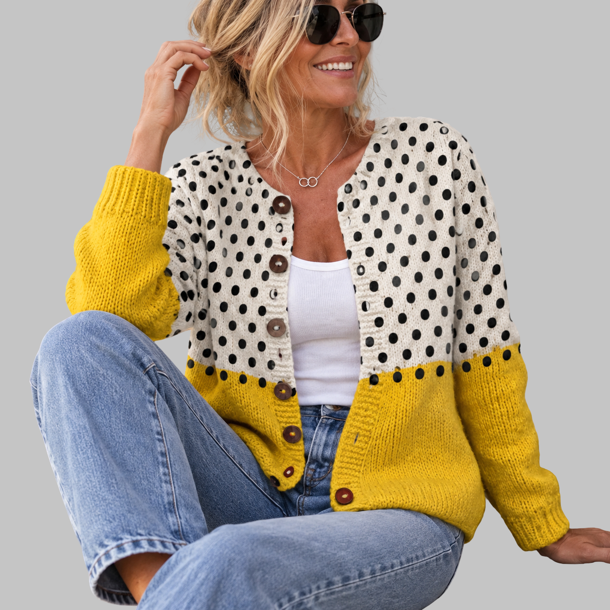 Annelien – Raštuotas kardiganas su sagomis – Balta ir geltona su juodais taškais – nuotrauka 2