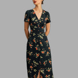Flora – Gėlėta juoda maxi suknelė