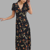 Flora – Gėlėta juoda maxi suknelė