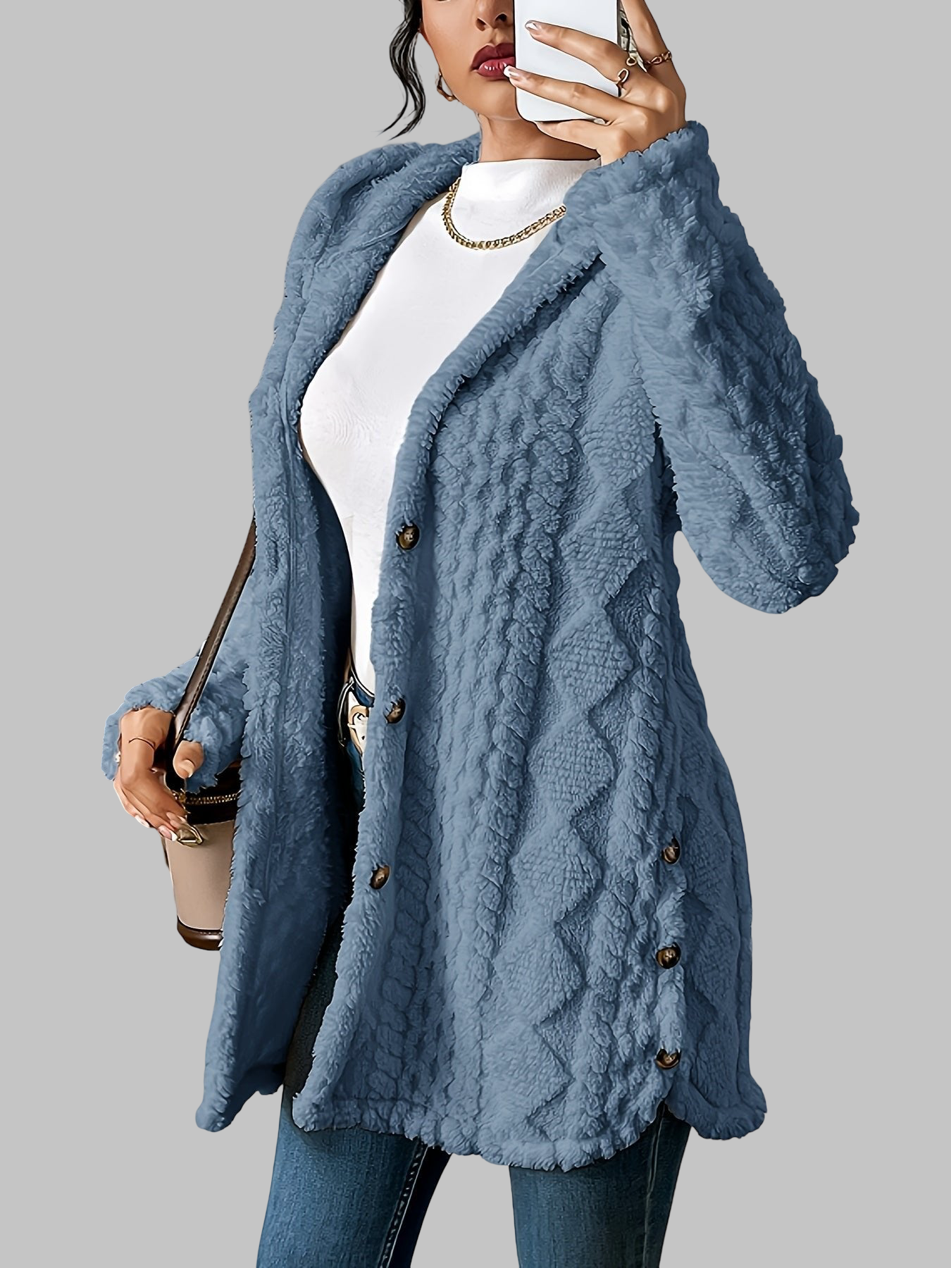 Helena | Ilgas pūkuotas kardiganas su gobtuvu – nuotrauka Nr. 3
