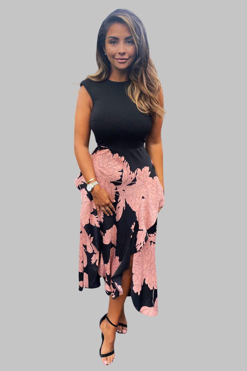 Juoda midi suknelė su rausvu gėlėtu sijonu – nuotrauka Nr. 6